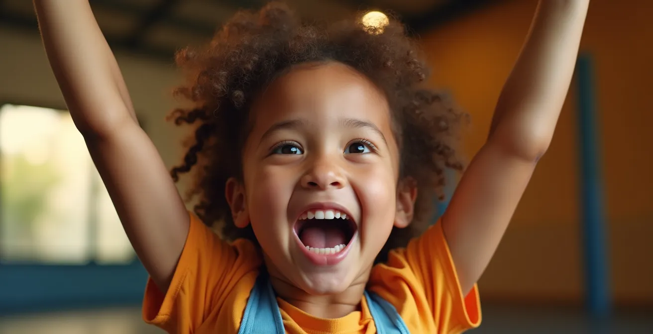 Enfant les bras levés en l'air, expression de fierté absolue après avoir réussi un défi physique