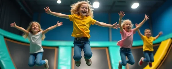 Groupe d'enfants souriant en train de sauter sur des trampolines dans un environnement intérieur coloré et sécurisé