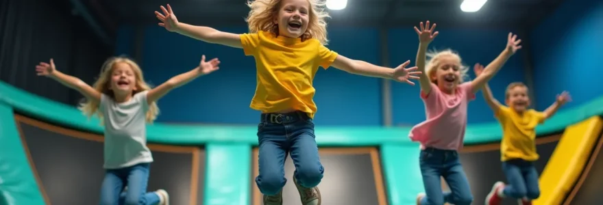 Groupe d'enfants souriant en train de sauter sur des trampolines dans un environnement intérieur coloré et sécurisé
