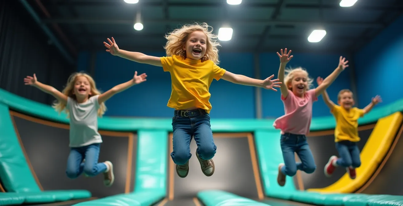 Groupe d'enfants souriant en train de sauter sur des trampolines dans un environnement intérieur coloré et sécurisé
