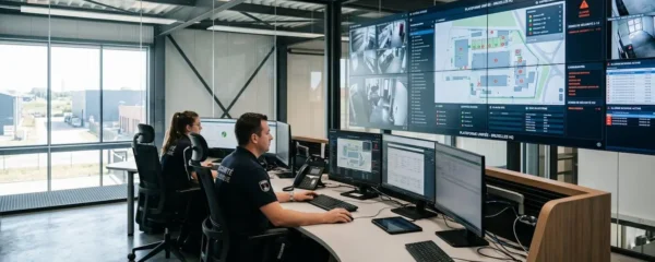 Centre de supervision sécurité moderne avec écrans multiples affichant systèmes intégrés d'alarme, vidéosurveillance et contrôle d'accès