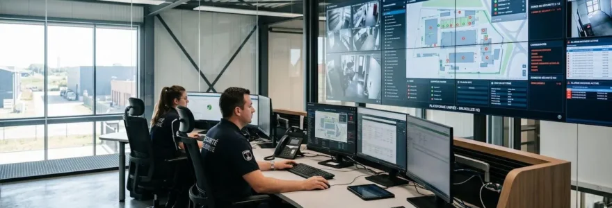 Centre de supervision sécurité moderne avec écrans multiples affichant systèmes intégrés d'alarme, vidéosurveillance et contrôle d'accès