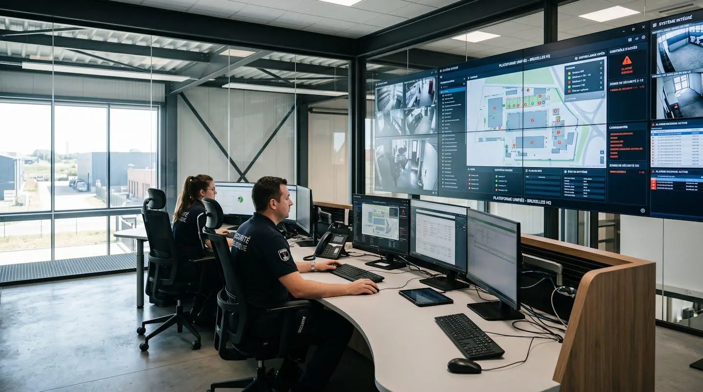 Centre de supervision sécurité moderne avec écrans multiples affichant systèmes intégrés d'alarme, vidéosurveillance et contrôle d'accès
