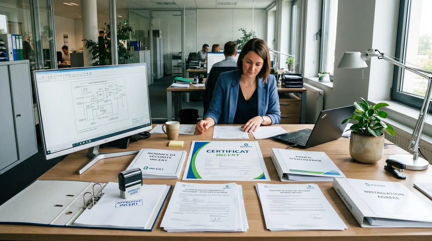Documents de certification INCERT et conformité sécurité disposés sur bureau professionnel moderne