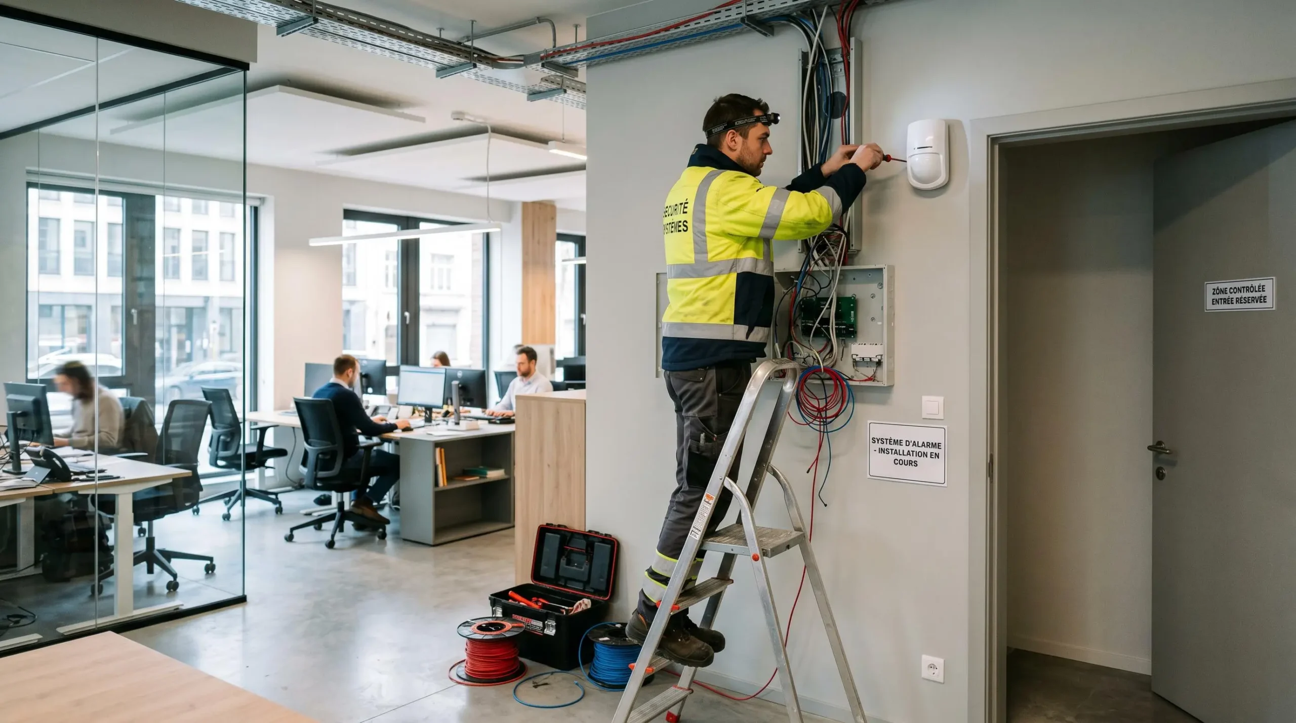 Technicien installant un système d'alarme intégré dans un bureau moderne avec équipements de détection visibles